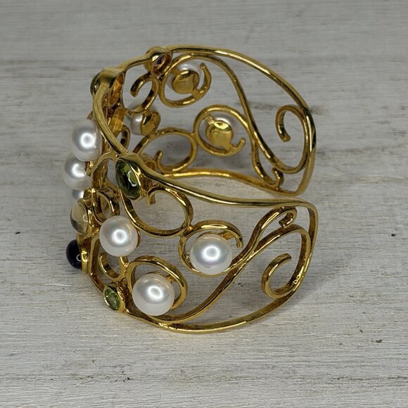 925 Sterling Silver Wide Filigree Stone & Pearl Cuff Bracelet 55.9g VGC - Picture 5 of 6